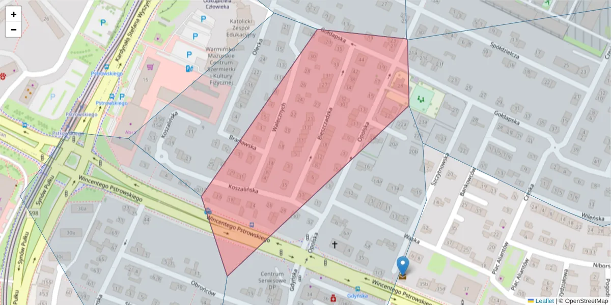 Szczegółowa mapa kodu pocztowego 10-624 z granicami, sąsiednimi kodami pocztowymi i urzędami pocztowymi