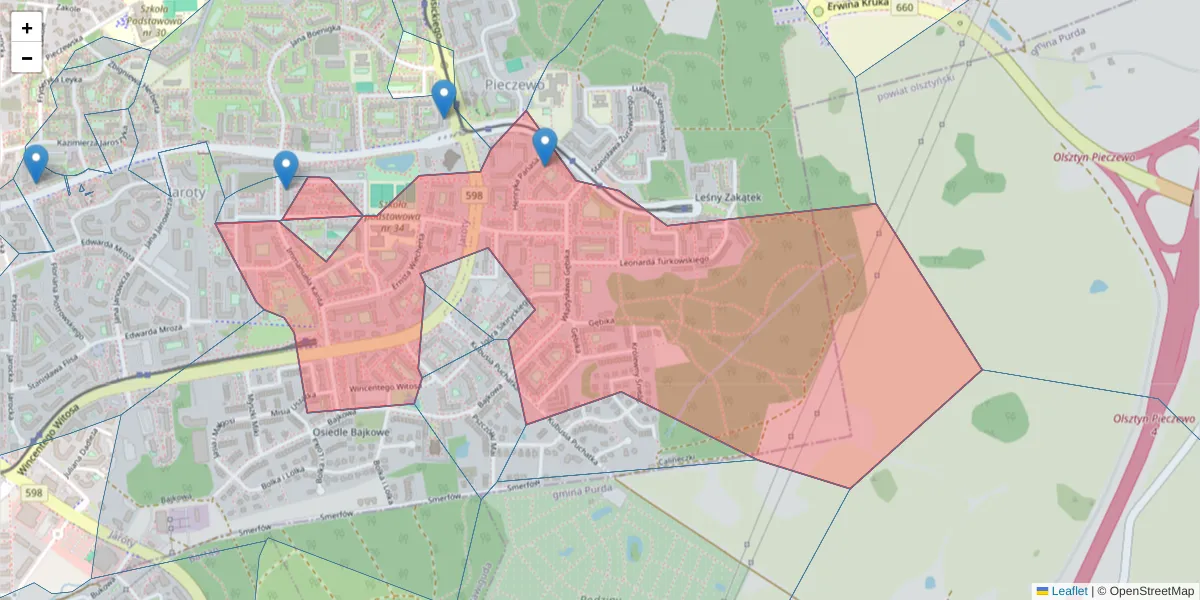 Szczegółowa mapa kodu pocztowego 10-691 z granicami, sąsiednimi kodami pocztowymi i urzędami pocztowymi