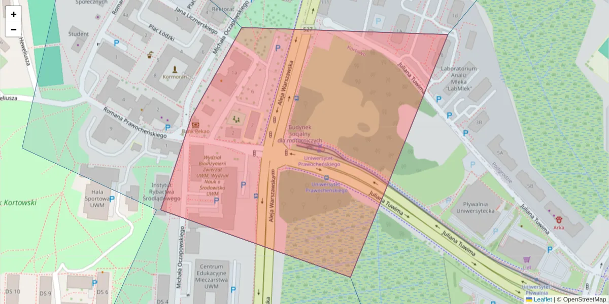 Szczegółowa mapa kodu pocztowego 10-721 z granicami, sąsiednimi kodami pocztowymi i urzędami pocztowymi