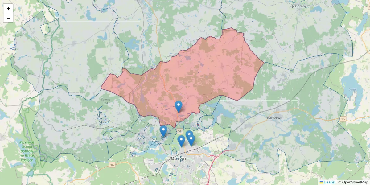 Szczegółowa mapa kodu pocztowego 11-001 z granicami, sąsiednimi kodami pocztowymi i urzędami pocztowymi