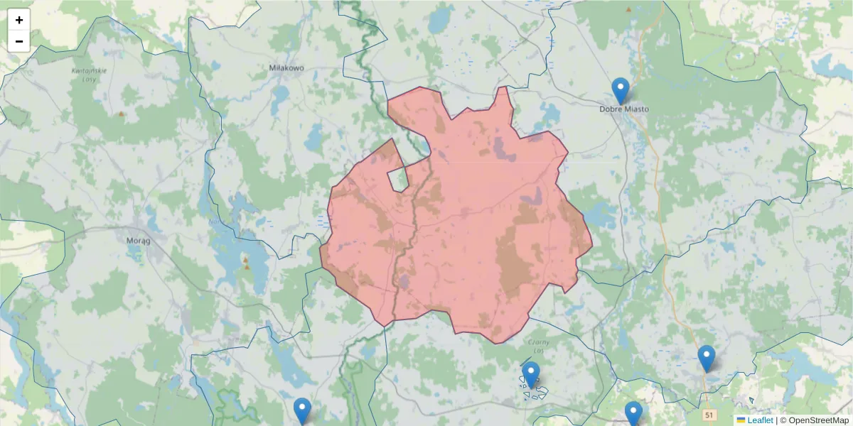 Szczegółowa mapa kodu pocztowego 11-008 z granicami, sąsiednimi kodami pocztowymi i urzędami pocztowymi
