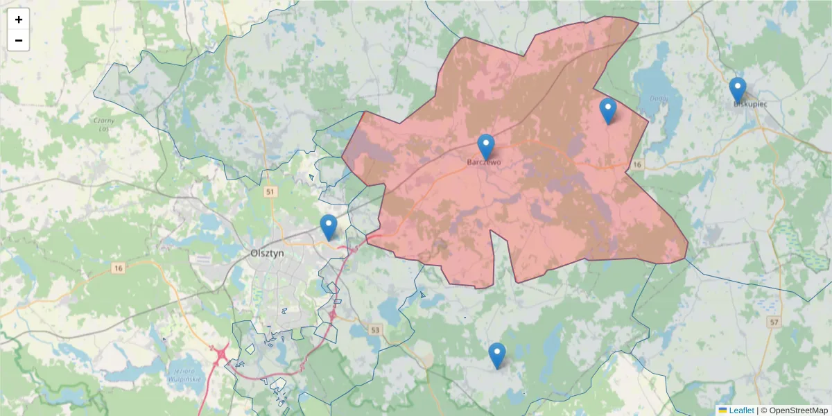 Szczegółowa mapa kodu pocztowego 11-010 z granicami, sąsiednimi kodami pocztowymi i urzędami pocztowymi