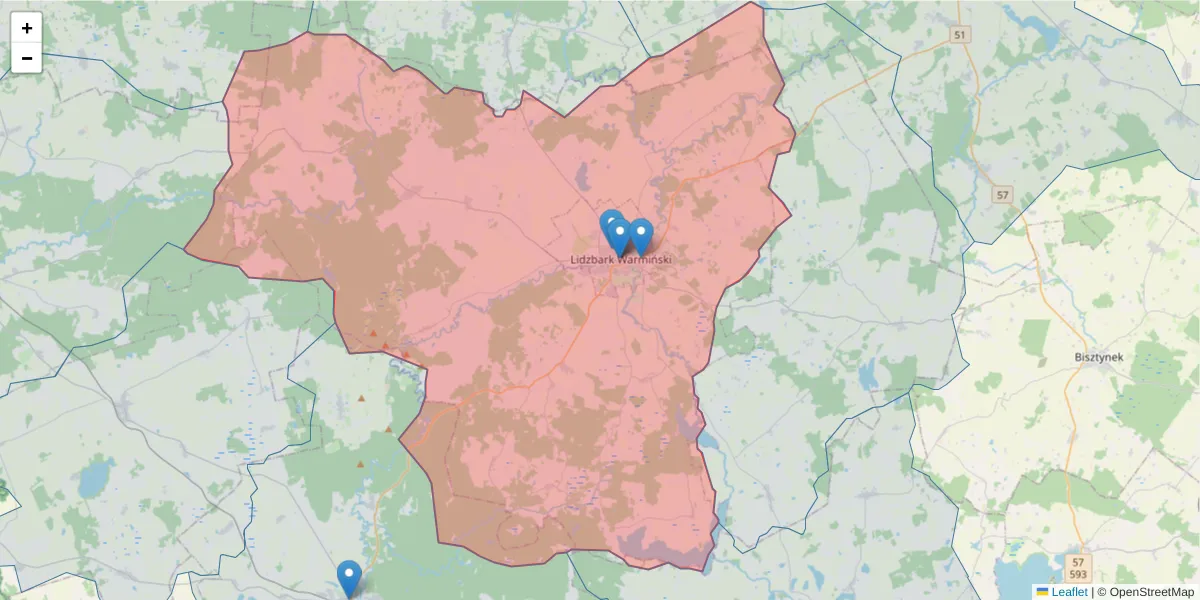 Szczegółowa mapa kodu pocztowego 11-100 z granicami, sąsiednimi kodami pocztowymi i urzędami pocztowymi