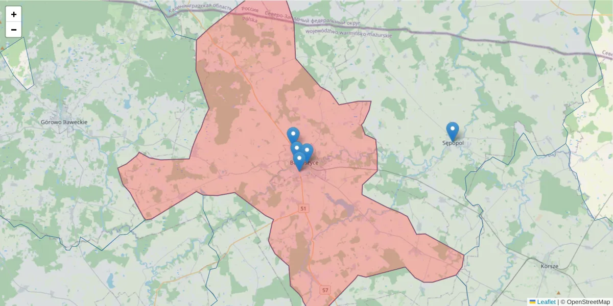 Szczegółowa mapa kodu pocztowego 11-200 z granicami, sąsiednimi kodami pocztowymi i urzędami pocztowymi