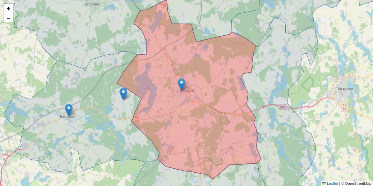 Szczegółowa mapa kodu pocztowego 11-300 z granicami, sąsiednimi kodami pocztowymi i urzędami pocztowymi