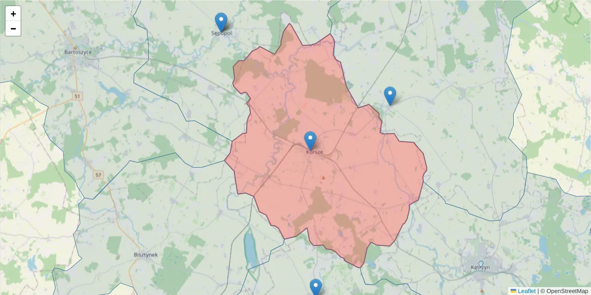 Szczegółowa mapa kodu pocztowego 11-430 z granicami, sąsiednimi kodami pocztowymi i urzędami pocztowymi