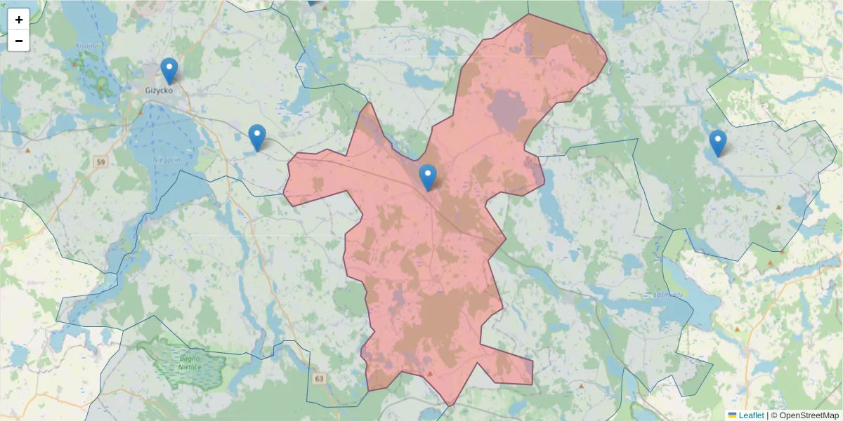 Szczegółowa mapa kodu pocztowego 11-510 z granicami, sąsiednimi kodami pocztowymi i urzędami pocztowymi