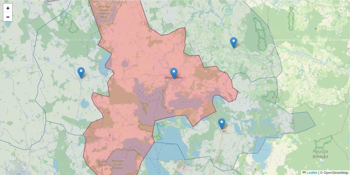 Szczegółowa mapa kodu pocztowego 11-600 z granicami, sąsiednimi kodami pocztowymi i urzędami pocztowymi