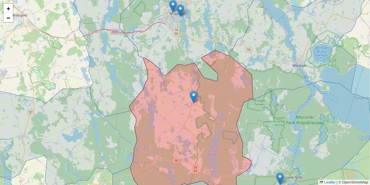 Szczegółowa mapa kodu pocztowego 11-710 z granicami, sąsiednimi kodami pocztowymi i urzędami pocztowymi
