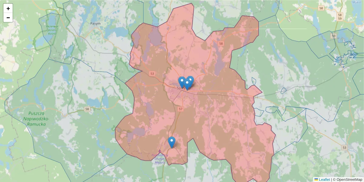 Szczegółowa mapa kodu pocztowego 12-100 z granicami, sąsiednimi kodami pocztowymi i urzędami pocztowymi