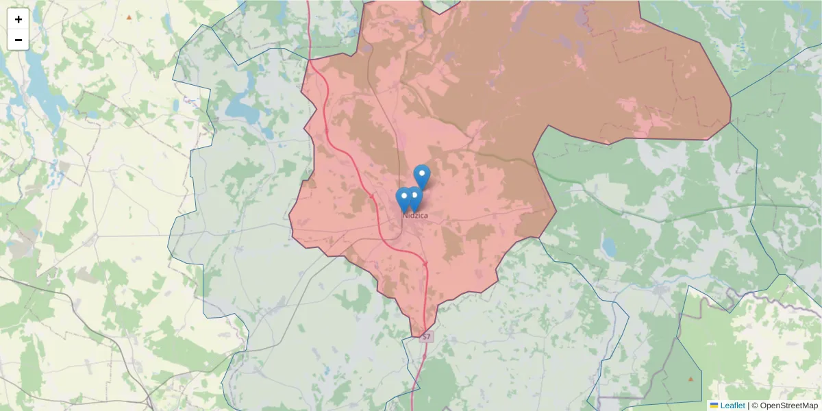 Szczegółowa mapa kodu pocztowego 13-100 z granicami, sąsiednimi kodami pocztowymi i urzędami pocztowymi