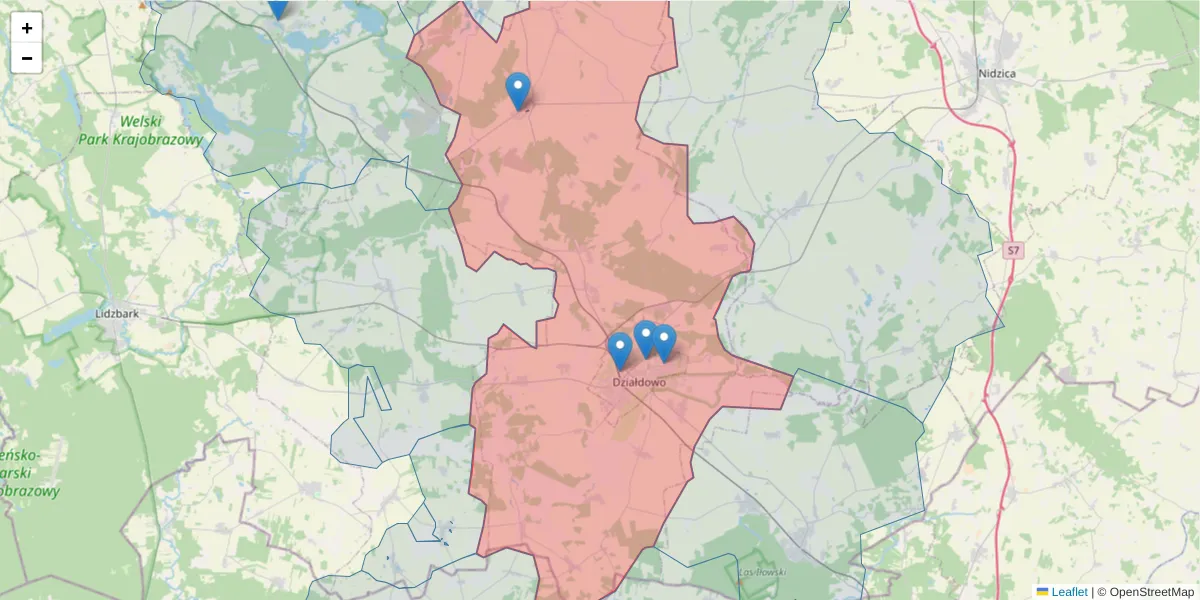 Szczegółowa mapa kodu pocztowego 13-200 z granicami, sąsiednimi kodami pocztowymi i urzędami pocztowymi