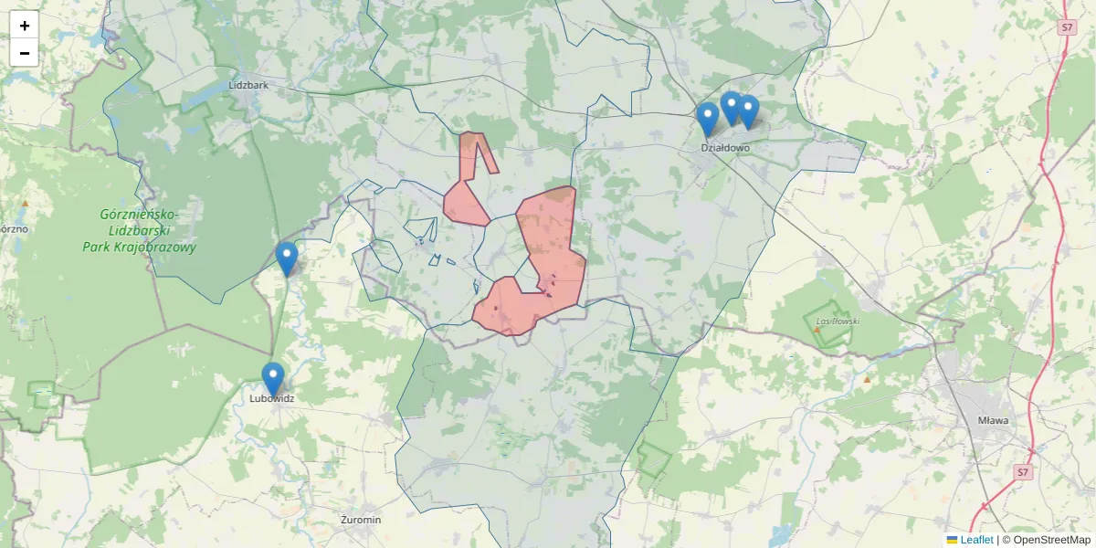 Szczegółowa mapa kodu pocztowego 13-204 z granicami, sąsiednimi kodami pocztowymi i urzędami pocztowymi