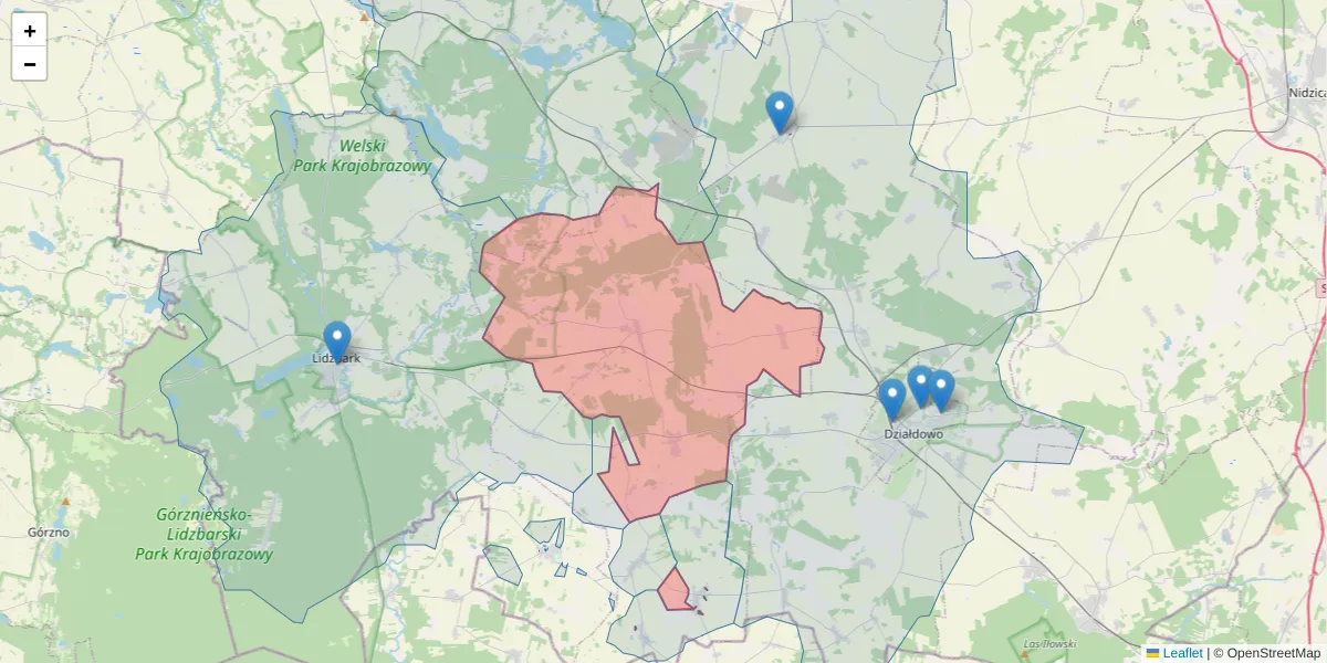 Szczegółowa mapa kodu pocztowego 13-206 z granicami, sąsiednimi kodami pocztowymi i urzędami pocztowymi