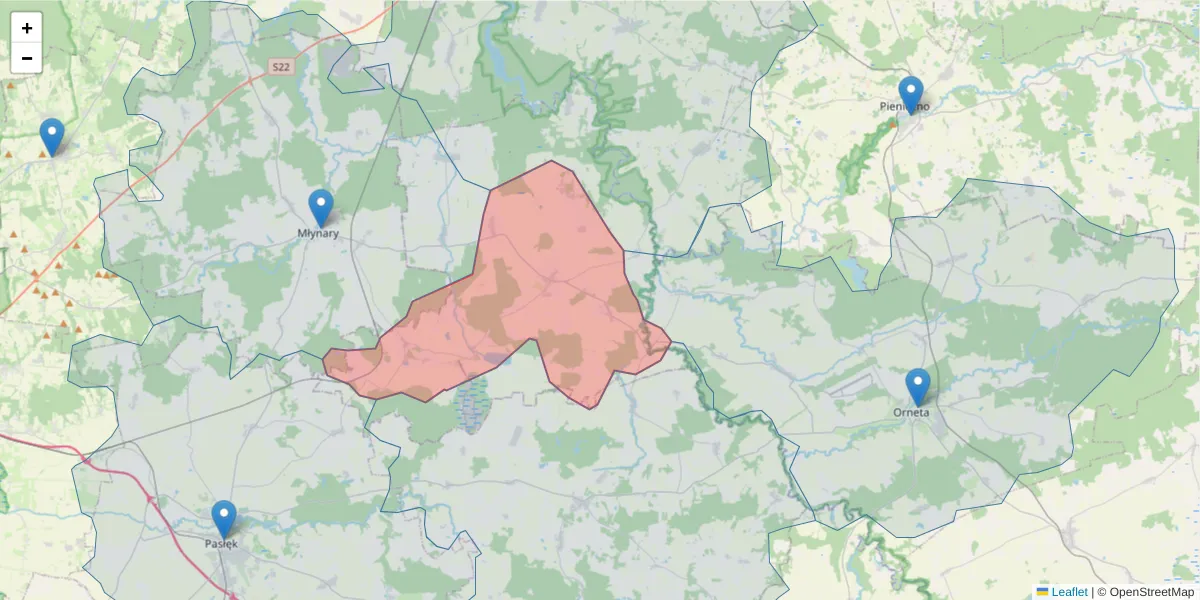 Szczegółowa mapa kodu pocztowego 14-405 z granicami, sąsiednimi kodami pocztowymi i urzędami pocztowymi