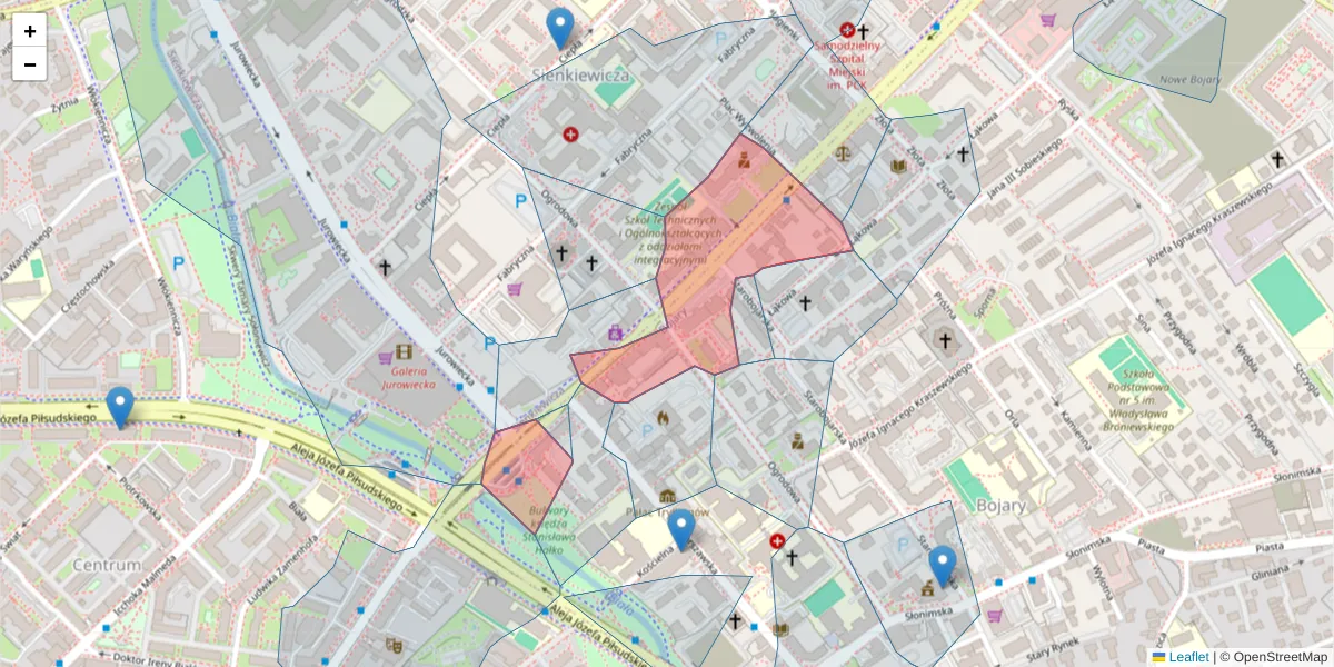 Szczegółowa mapa kodu pocztowego 15-004 z granicami, sąsiednimi kodami pocztowymi i urzędami pocztowymi