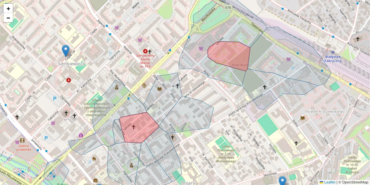 Szczegółowa mapa kodu pocztowego 15-017 z granicami, sąsiednimi kodami pocztowymi i urzędami pocztowymi