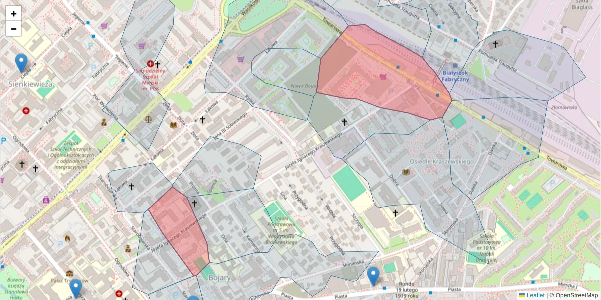 Szczegółowa mapa kodu pocztowego 15-024 z granicami, sąsiednimi kodami pocztowymi i urzędami pocztowymi