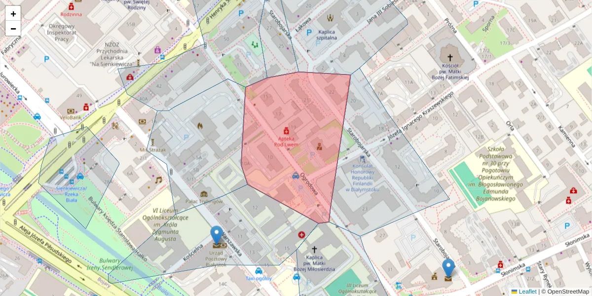 Szczegółowa mapa kodu pocztowego 15-027 z granicami, sąsiednimi kodami pocztowymi i urzędami pocztowymi