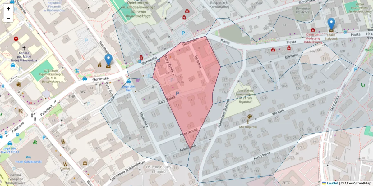 Szczegółowa mapa kodu pocztowego 15-030 z granicami, sąsiednimi kodami pocztowymi i urzędami pocztowymi