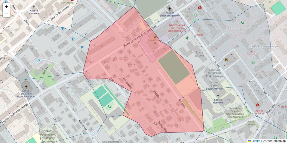 Szczegółowa mapa kodu pocztowego 15-032 z granicami, sąsiednimi kodami pocztowymi i urzędami pocztowymi