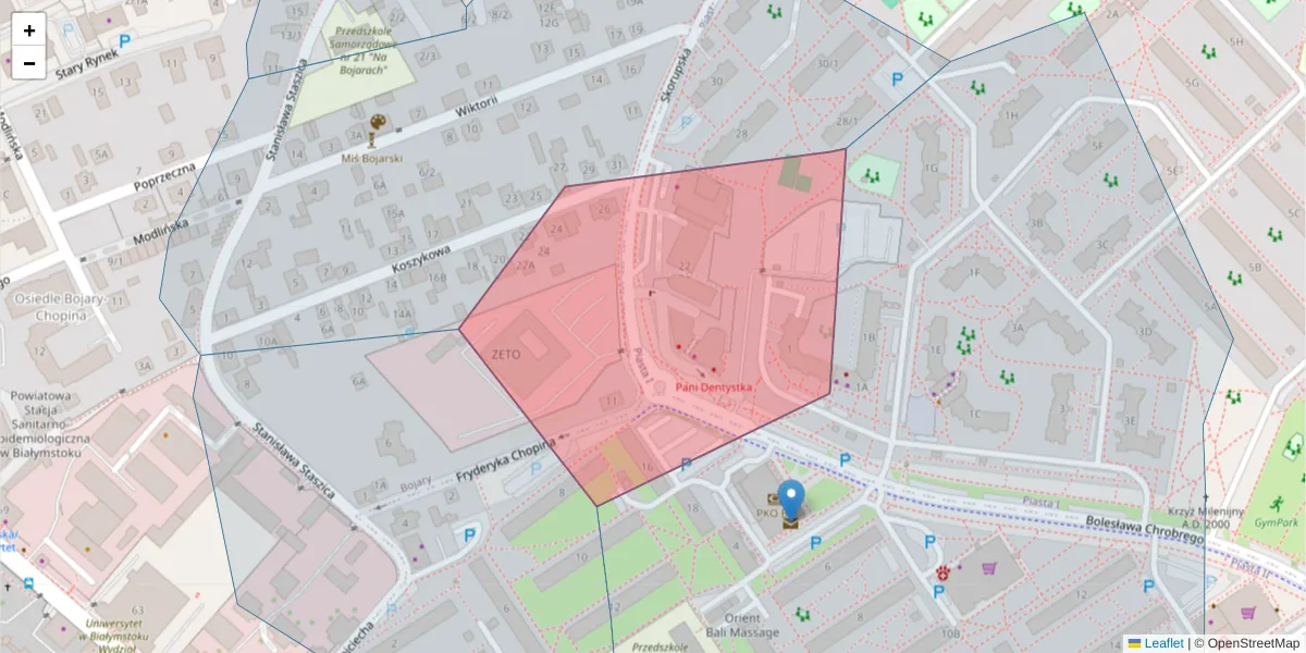 Szczegółowa mapa kodu pocztowego 15-048 z granicami, sąsiednimi kodami pocztowymi i urzędami pocztowymi