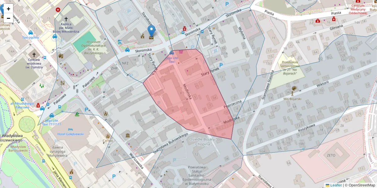 Szczegółowa mapa kodu pocztowego 15-066 z granicami, sąsiednimi kodami pocztowymi i urzędami pocztowymi