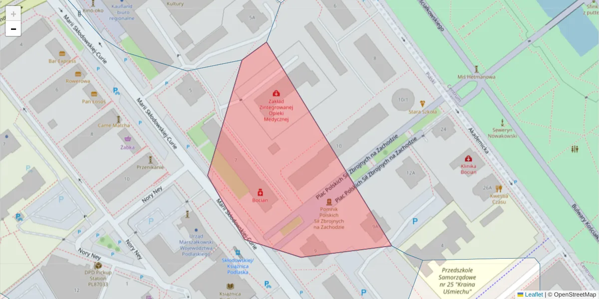 Szczegółowa mapa kodu pocztowego 15-096 z granicami, sąsiednimi kodami pocztowymi i urzędami pocztowymi