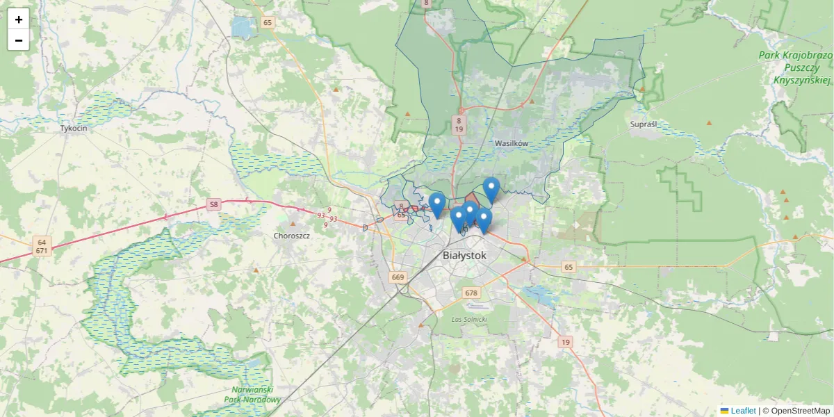 Szczegółowa mapa kodu pocztowego 15-113 z granicami, sąsiednimi kodami pocztowymi i urzędami pocztowymi