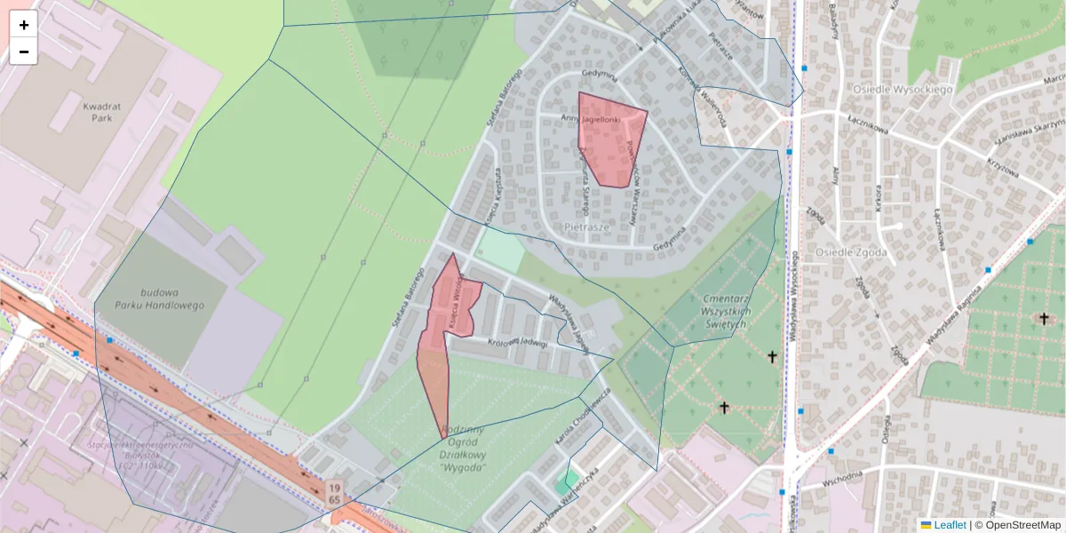 Szczegółowa mapa kodu pocztowego 15-129 z granicami, sąsiednimi kodami pocztowymi i urzędami pocztowymi