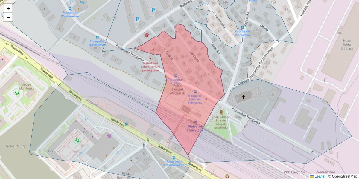 Szczegółowa mapa kodu pocztowego 15-144 z granicami, sąsiednimi kodami pocztowymi i urzędami pocztowymi