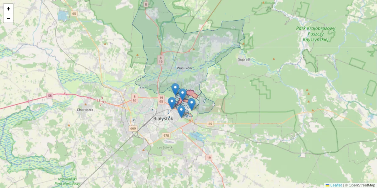 Szczegółowa mapa kodu pocztowego 15-161 z granicami, sąsiednimi kodami pocztowymi i urzędami pocztowymi