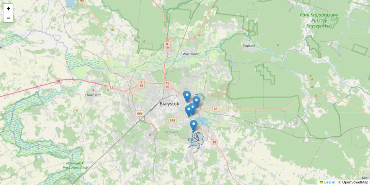 Szczegółowa mapa kodu pocztowego 15-185 z granicami, sąsiednimi kodami pocztowymi i urzędami pocztowymi