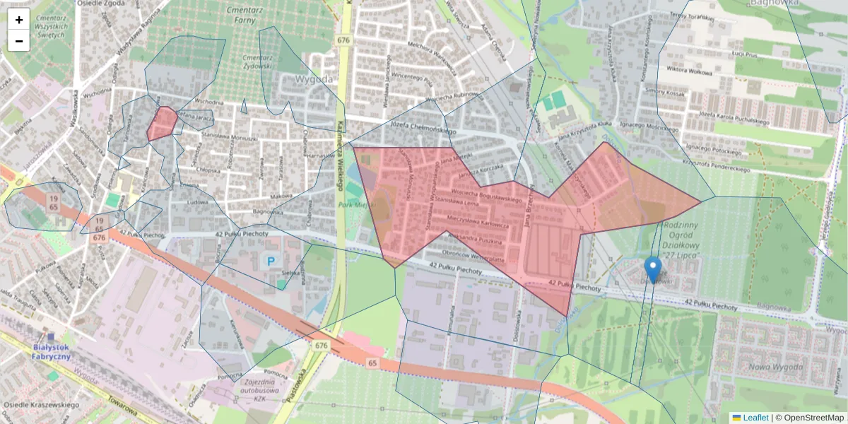 Szczegółowa mapa kodu pocztowego 15-196 z granicami, sąsiednimi kodami pocztowymi i urzędami pocztowymi