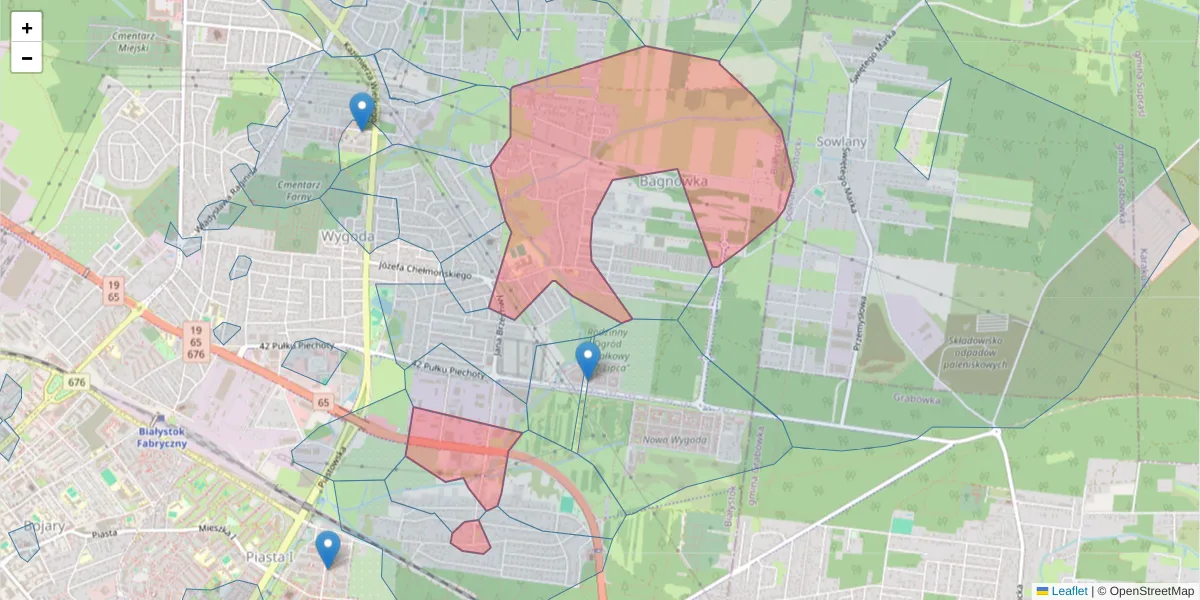 Szczegółowa mapa kodu pocztowego 15-197 z granicami, sąsiednimi kodami pocztowymi i urzędami pocztowymi