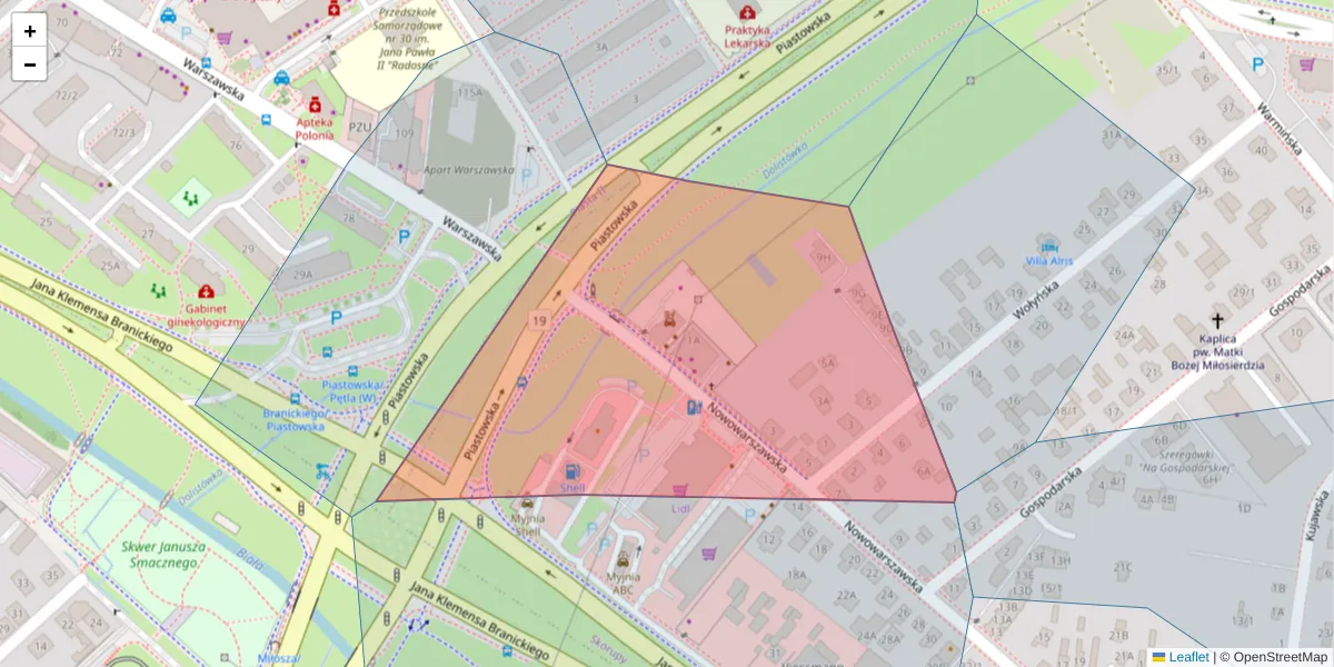 Szczegółowa mapa kodu pocztowego 15-205 z granicami, sąsiednimi kodami pocztowymi i urzędami pocztowymi