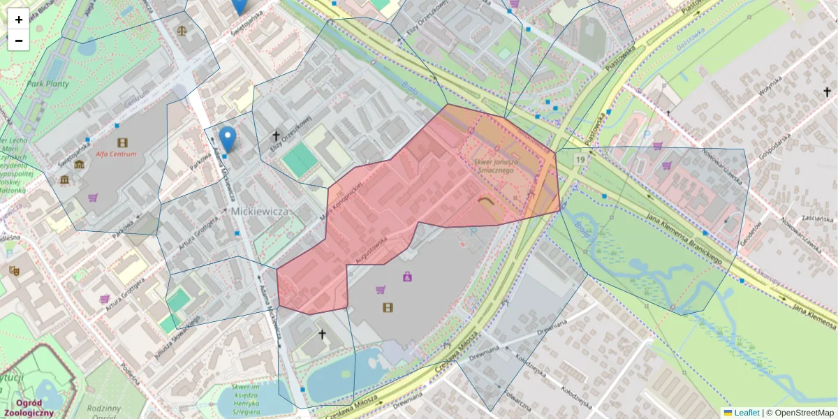 Szczegółowa mapa kodu pocztowego 15-218 z granicami, sąsiednimi kodami pocztowymi i urzędami pocztowymi