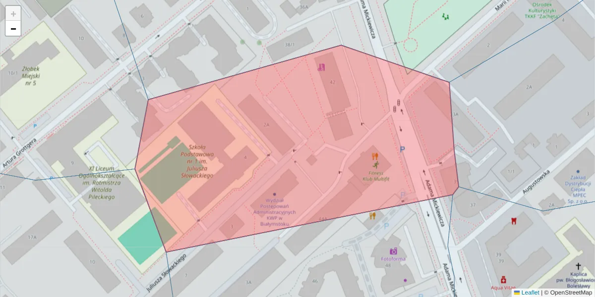 Szczegółowa mapa kodu pocztowego 15-223 z granicami, sąsiednimi kodami pocztowymi i urzędami pocztowymi