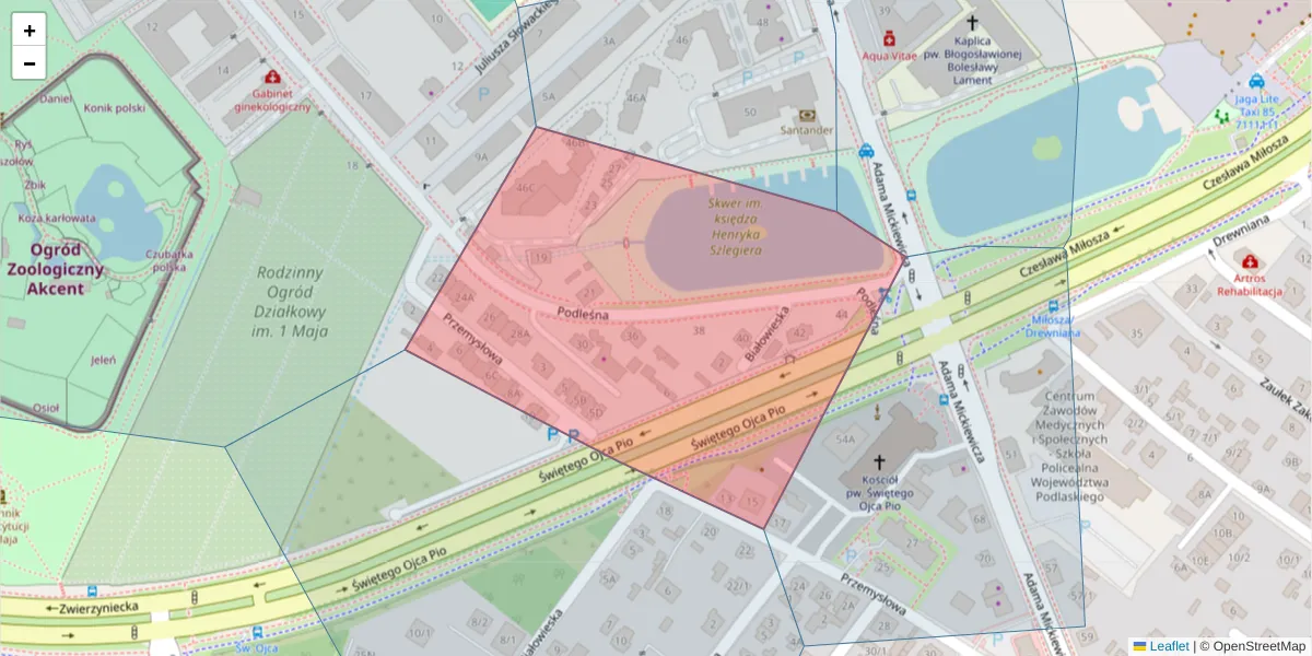 Szczegółowa mapa kodu pocztowego 15-233 z granicami, sąsiednimi kodami pocztowymi i urzędami pocztowymi