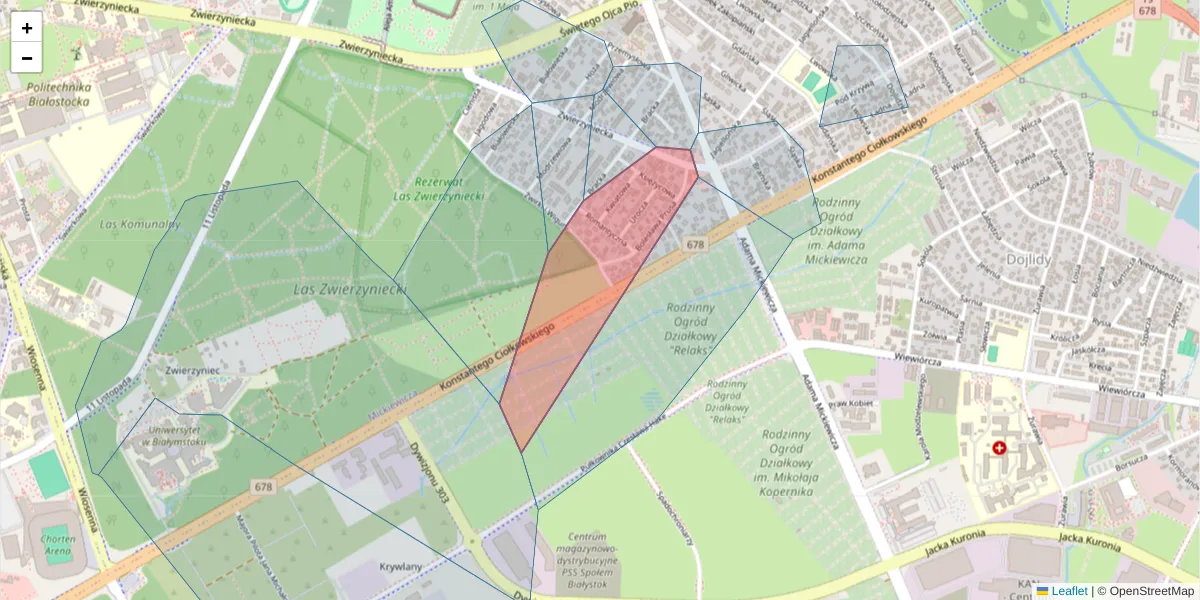 Szczegółowa mapa kodu pocztowego 15-240 z granicami, sąsiednimi kodami pocztowymi i urzędami pocztowymi