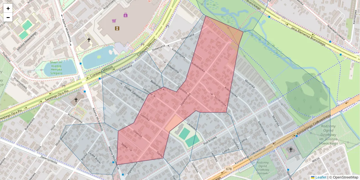 Szczegółowa mapa kodu pocztowego 15-250 z granicami, sąsiednimi kodami pocztowymi i urzędami pocztowymi