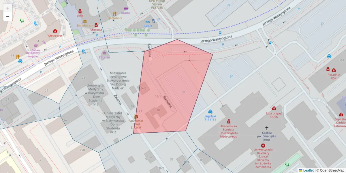 Szczegółowa mapa kodu pocztowego 15-294 z granicami, sąsiednimi kodami pocztowymi i urzędami pocztowymi