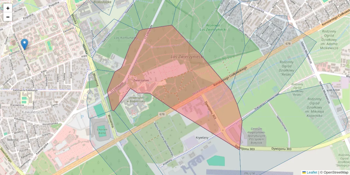 Szczegółowa mapa kodu pocztowego 15-321 z granicami, sąsiednimi kodami pocztowymi i urzędami pocztowymi
