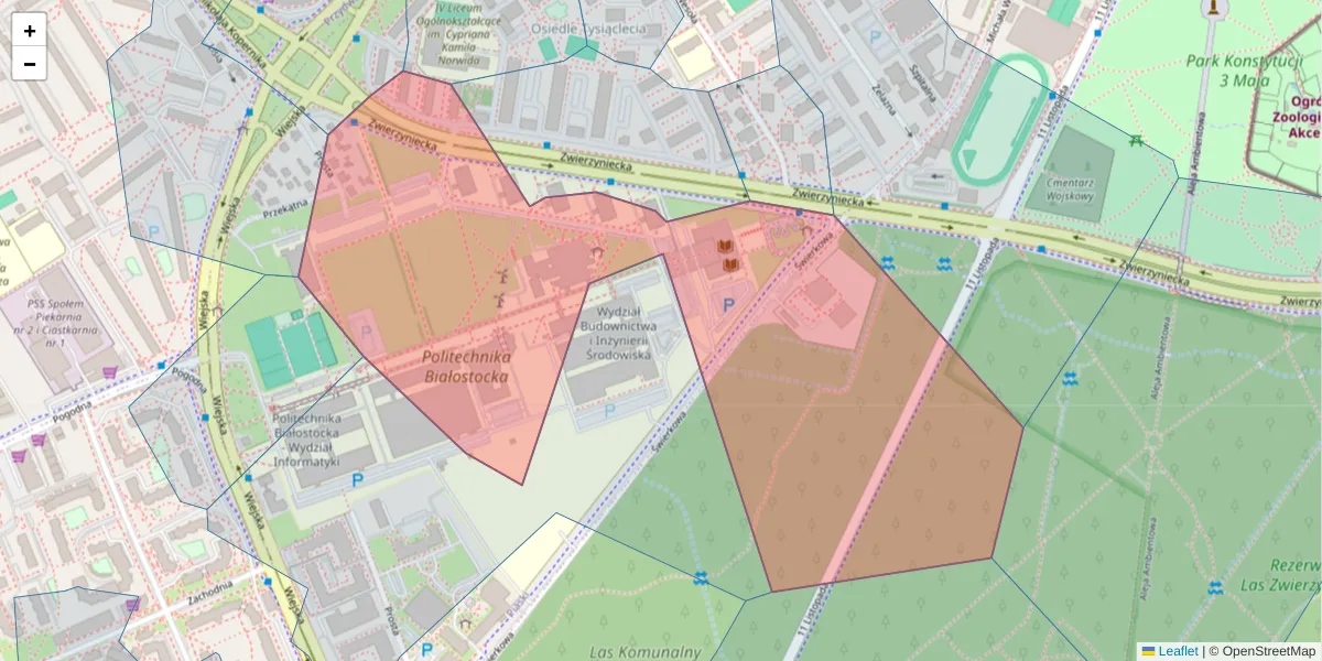 Szczegółowa mapa kodu pocztowego 15-333 z granicami, sąsiednimi kodami pocztowymi i urzędami pocztowymi