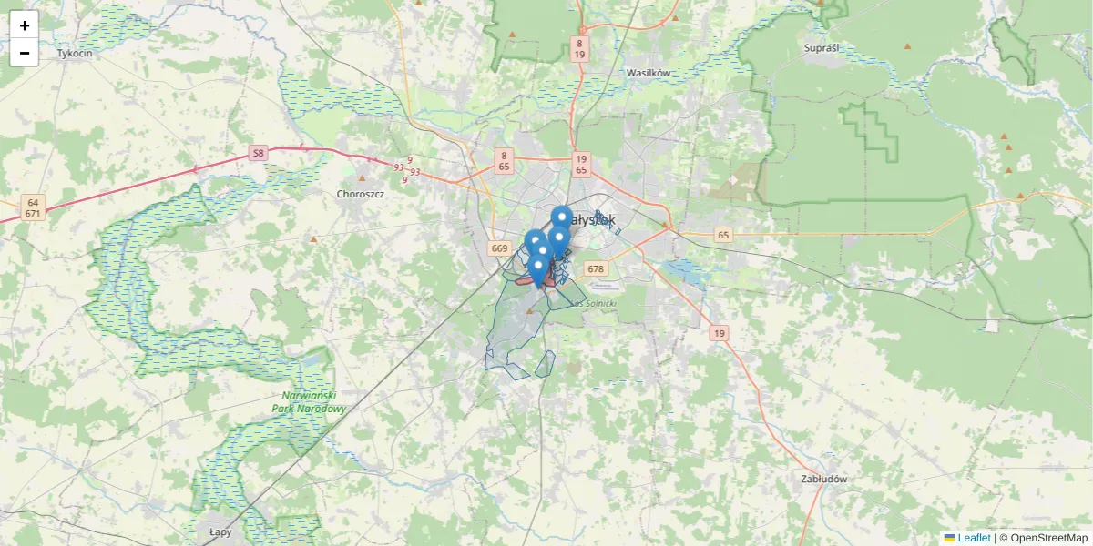 Szczegółowa mapa kodu pocztowego 15-349 z granicami, sąsiednimi kodami pocztowymi i urzędami pocztowymi