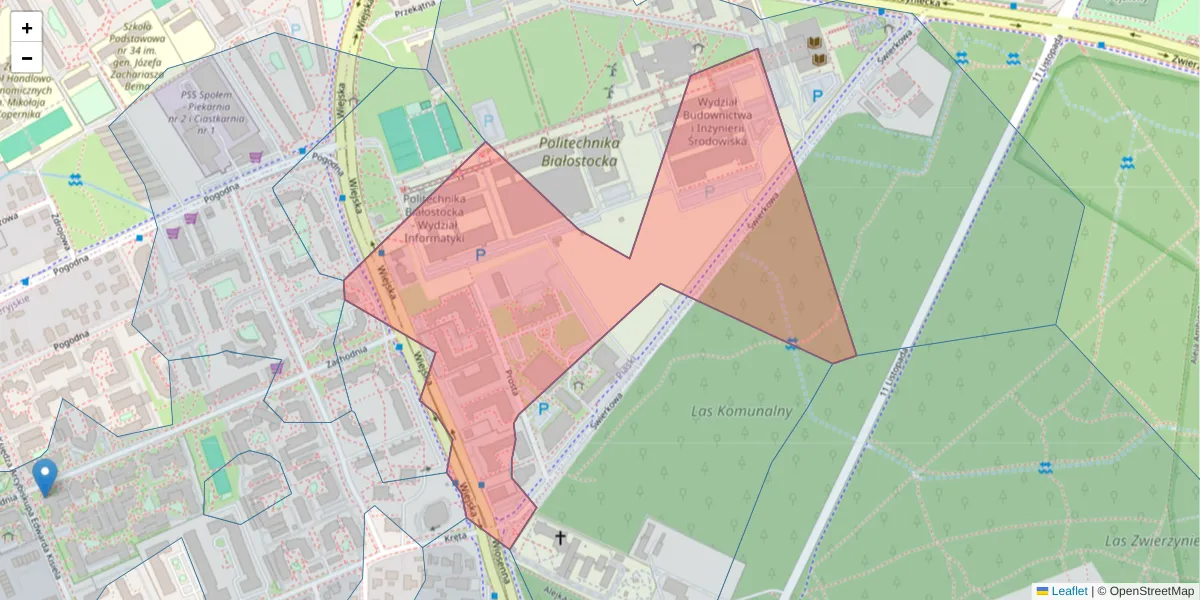 Szczegółowa mapa kodu pocztowego 15-351 z granicami, sąsiednimi kodami pocztowymi i urzędami pocztowymi