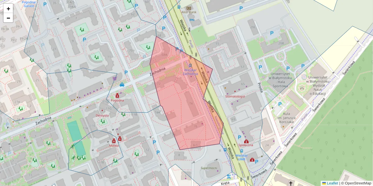 Szczegółowa mapa kodu pocztowego 15-352 z granicami, sąsiednimi kodami pocztowymi i urzędami pocztowymi