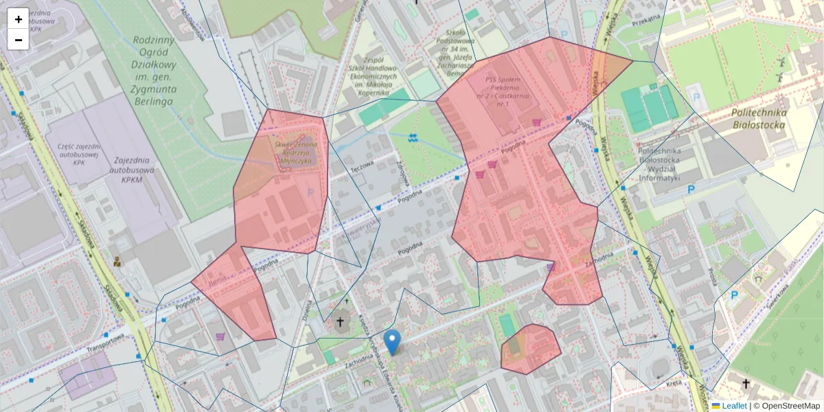 Szczegółowa mapa kodu pocztowego 15-354 z granicami, sąsiednimi kodami pocztowymi i urzędami pocztowymi