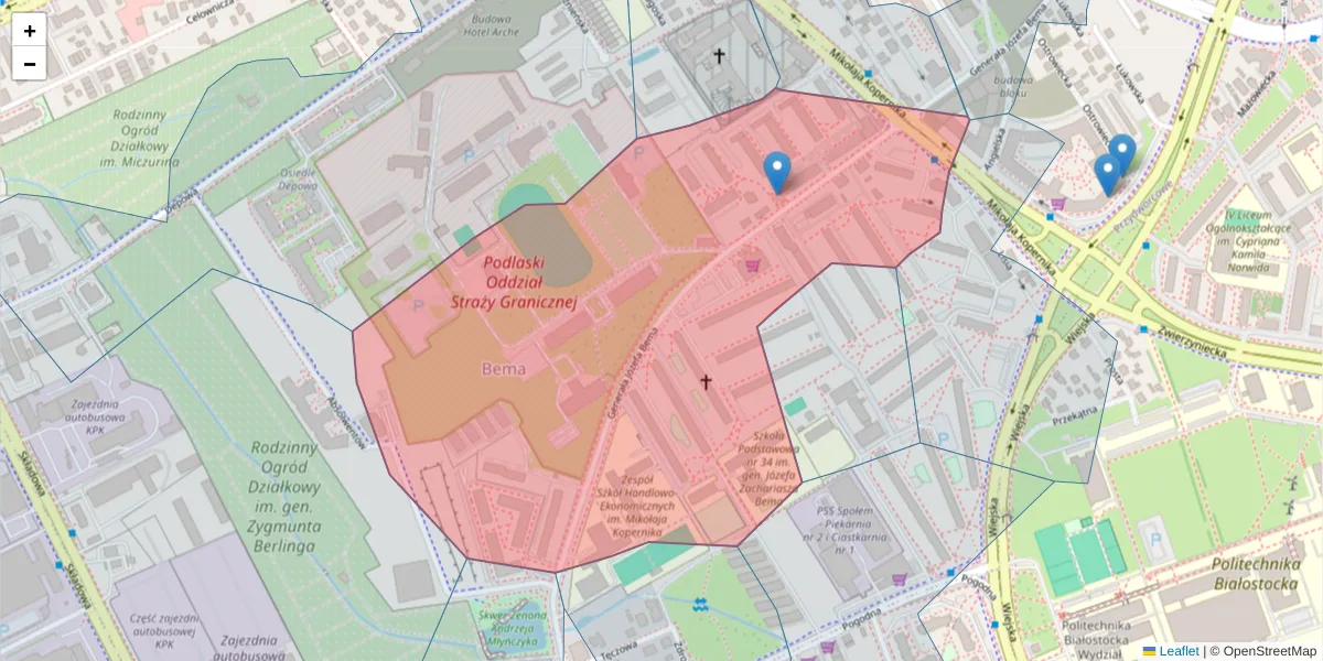 Szczegółowa mapa kodu pocztowego 15-370 z granicami, sąsiednimi kodami pocztowymi i urzędami pocztowymi