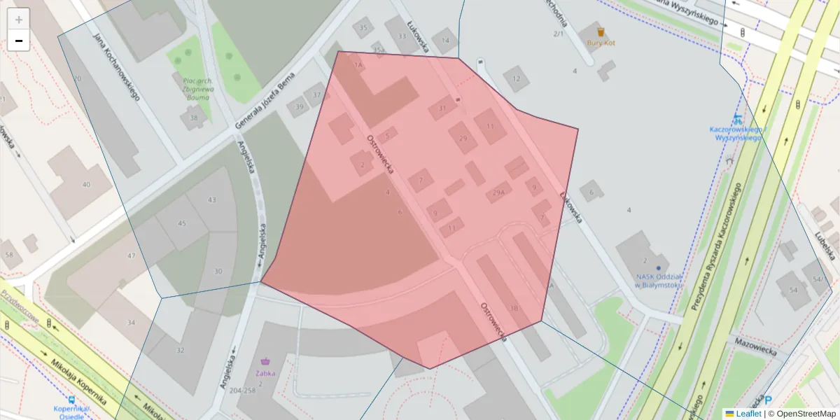 Szczegółowa mapa kodu pocztowego 15-374 z granicami, sąsiednimi kodami pocztowymi i urzędami pocztowymi